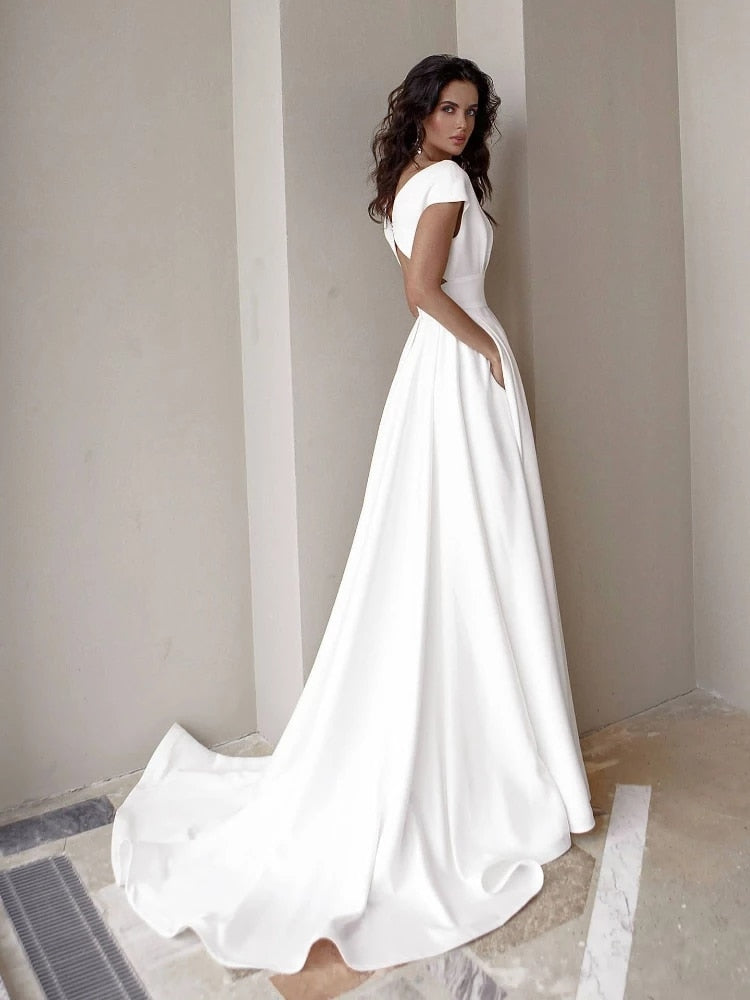 DressBetty - Elegant Casual Women's Dresses Sexy V-neck Side Slit Backless White Long Skirt Wedding