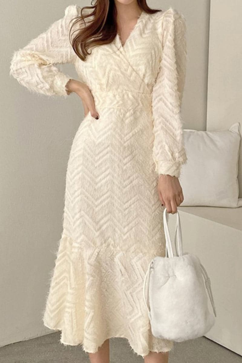 Eyelash Knit Chevron Wrap V-Neck Long Sleeve Mermaid Midi Dress