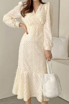Eyelash Knit Chevron Wrap V-Neck Long Sleeve Mermaid Midi Dress