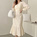 Eyelash Knit Chevron Wrap V-Neck Long Sleeve Mermaid Midi Dress
