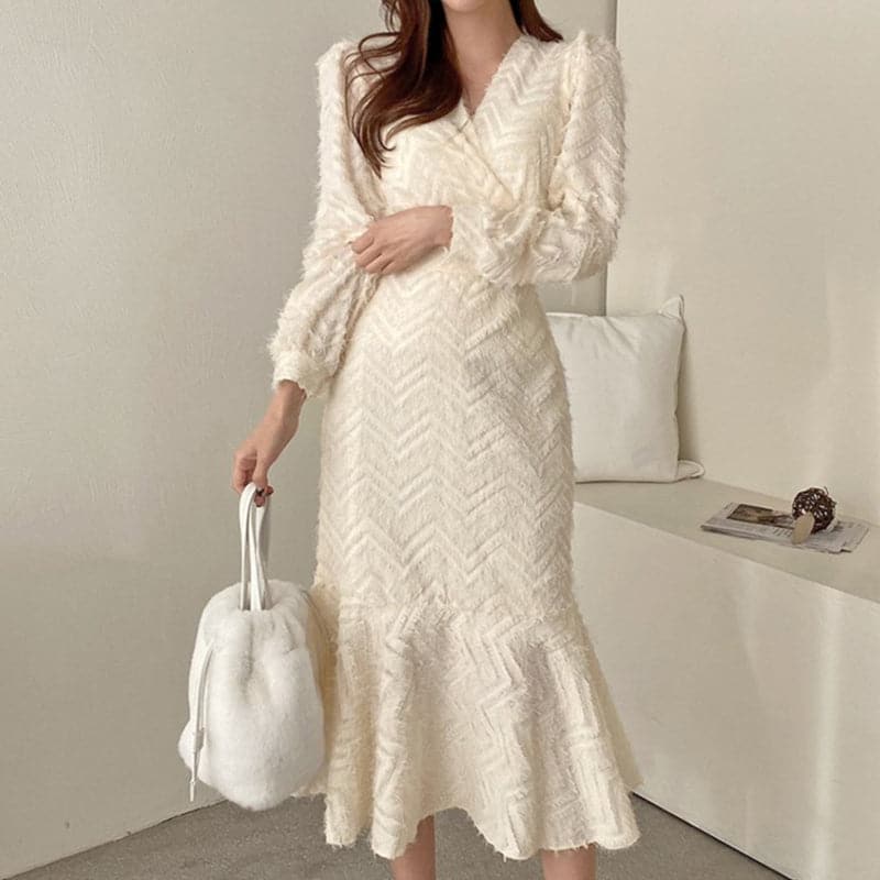 Eyelash Knit Chevron Wrap V-Neck Long Sleeve Mermaid Midi Dress