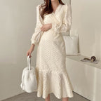 Eyelash Knit Chevron Wrap V-Neck Long Sleeve Mermaid Midi Dress