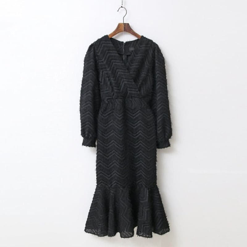 Eyelash Knit Chevron Wrap V-Neck Long Sleeve Mermaid Midi Dress
