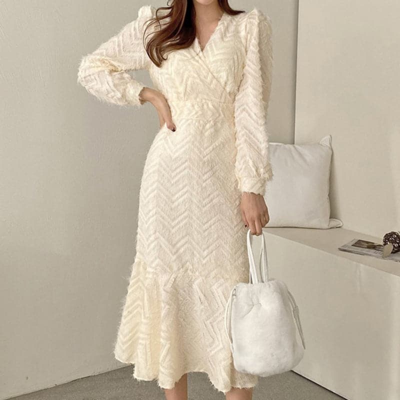 Eyelash Knit Chevron Wrap V-Neck Long Sleeve Mermaid Midi Dress