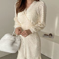 Eyelash Knit Chevron Wrap V-Neck Long Sleeve Mermaid Midi Dress