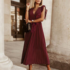 Deep V-Neck Ruffle Shoulder Sleeveless Tie Waist Accordion Pleated Midi Dress