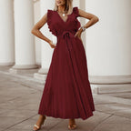 Deep V-Neck Ruffle Shoulder Sleeveless Tie Waist Accordion Pleated Midi Dress