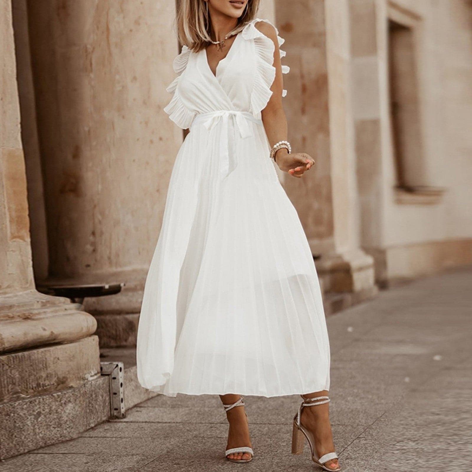Deep V-Neck Ruffle Shoulder Sleeveless Tie Waist Accordion Pleated Midi Dress