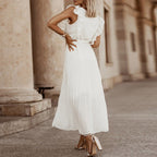 Deep V-Neck Ruffle Shoulder Sleeveless Tie Waist Accordion Pleated Midi Dress