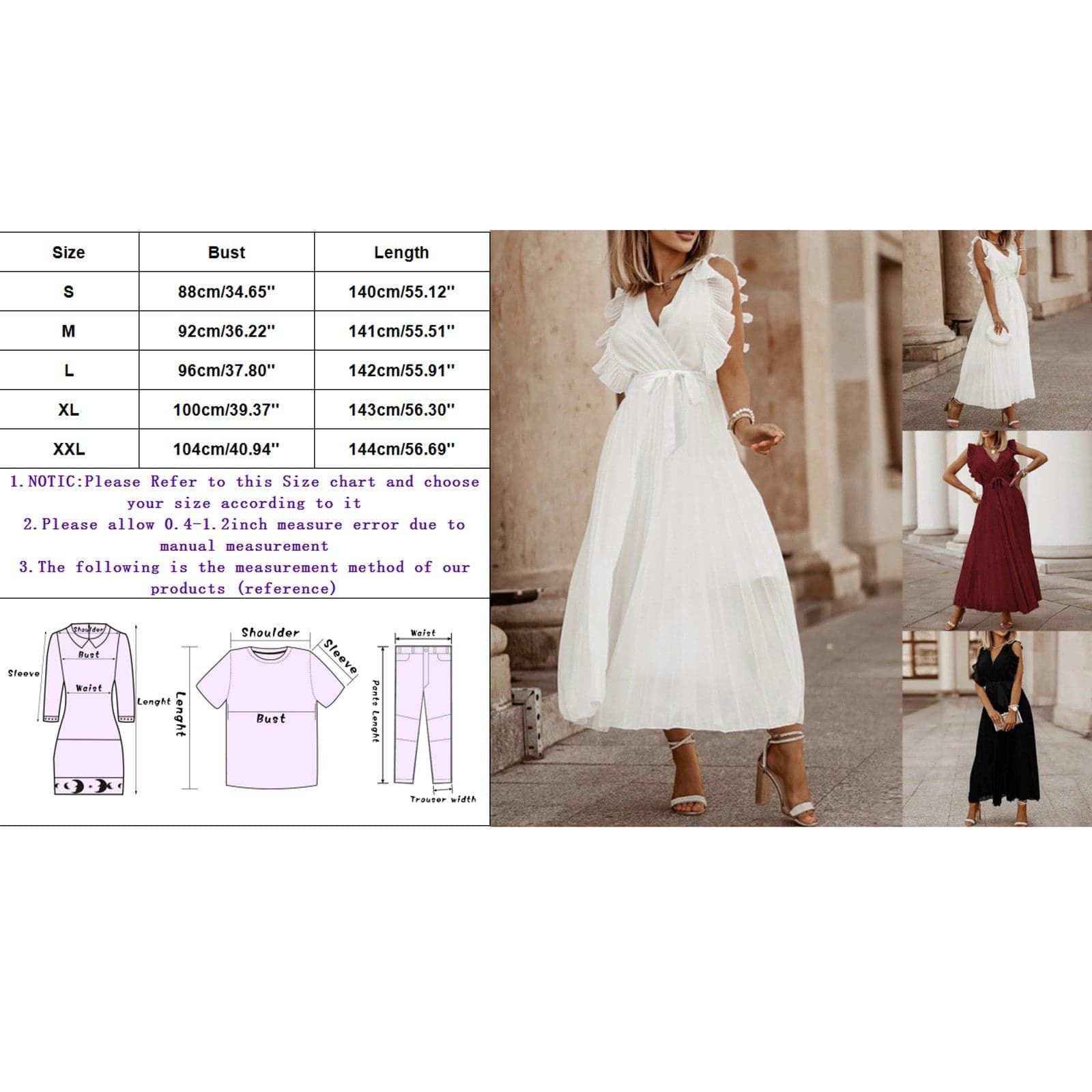 Deep V-Neck Ruffle Shoulder Sleeveless Tie Waist Accordion Pleated Midi Dress