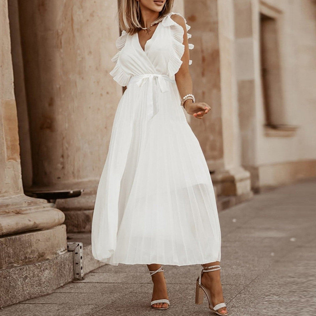 Deep V-Neck Ruffle Shoulder Sleeveless Tie Waist Accordion Pleated Midi Dress