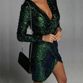 Sequin Deep V-Neck Long Sleeve Wrap Ruched Tulip Hem Mini Dress