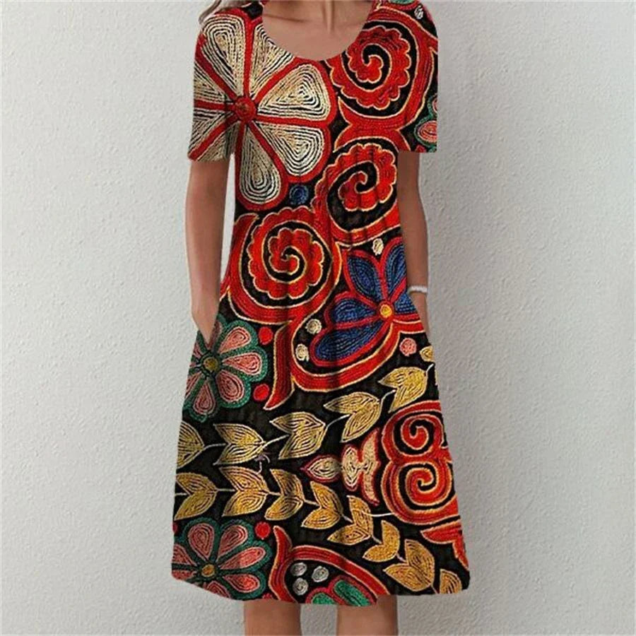 Round Neck Short Sleeve Floral Print Pleated Pocket Midi Dress