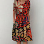 Round Neck Short Sleeve Floral Print Pleated Pocket Midi Dress