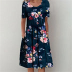 Round Neck Short Sleeve Floral Print Pleated Pocket Midi Dress