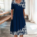 Round Neck Short Sleeve Floral Print Pleated Pocket Midi Dress