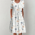 Round Neck Short Sleeve Floral Print Pleated Pocket Midi Dress