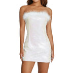 Sequin Strapless Feather Trim Bodycon Tube Mini Dress
