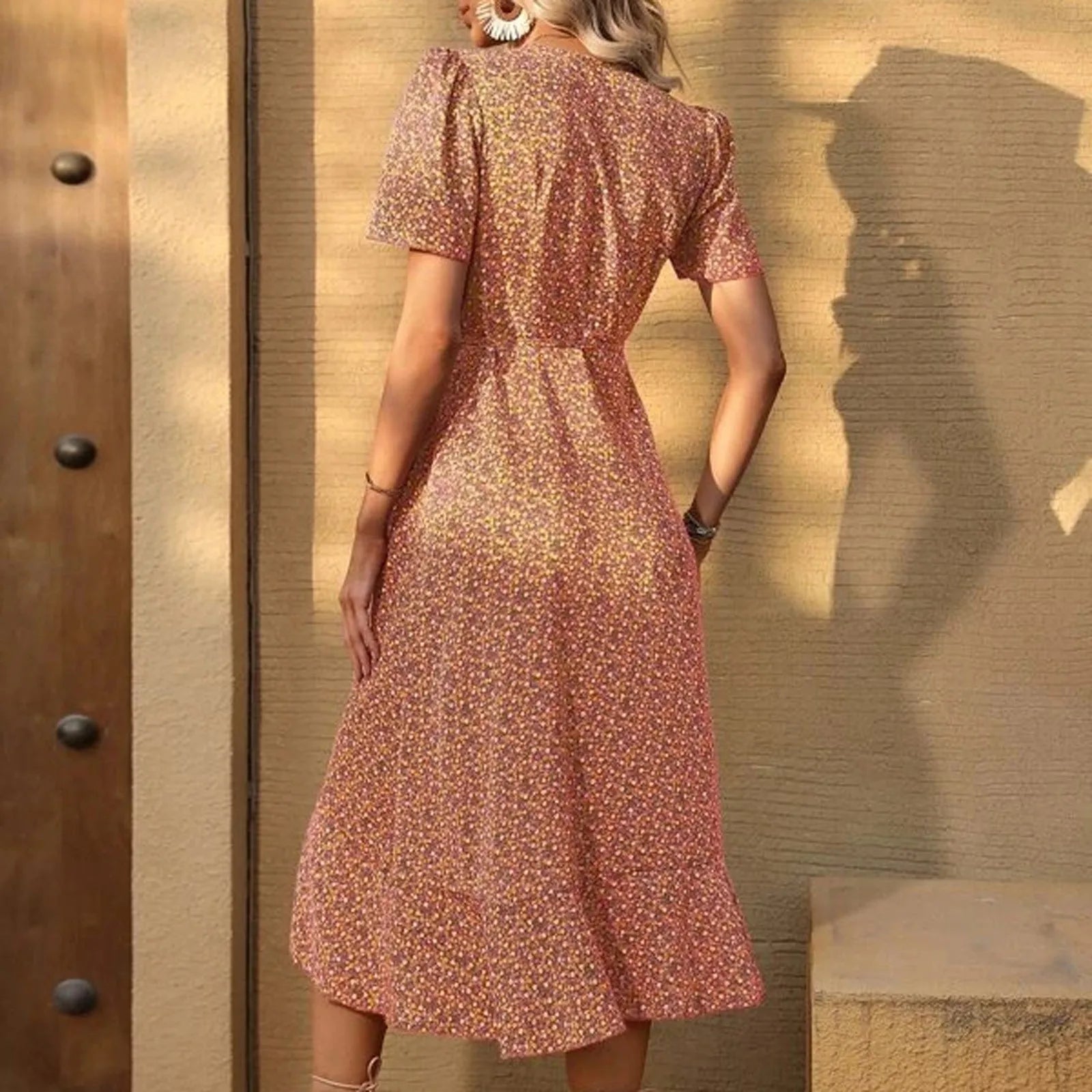 Floral Print Wrap V Neck Puff Sleeve Ruffle Hem Midi Dress