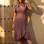 Floral Print Wrap V Neck Puff Sleeve Ruffle Hem Midi Dress