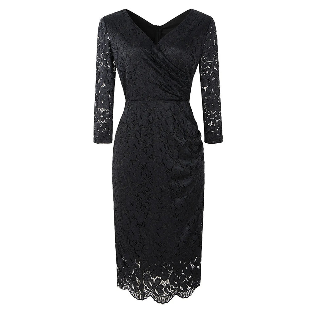 Deep V-Neck Floral Lace Three-Quarter Sleeve Ruched Waist Scalloped Hem Midi Dress