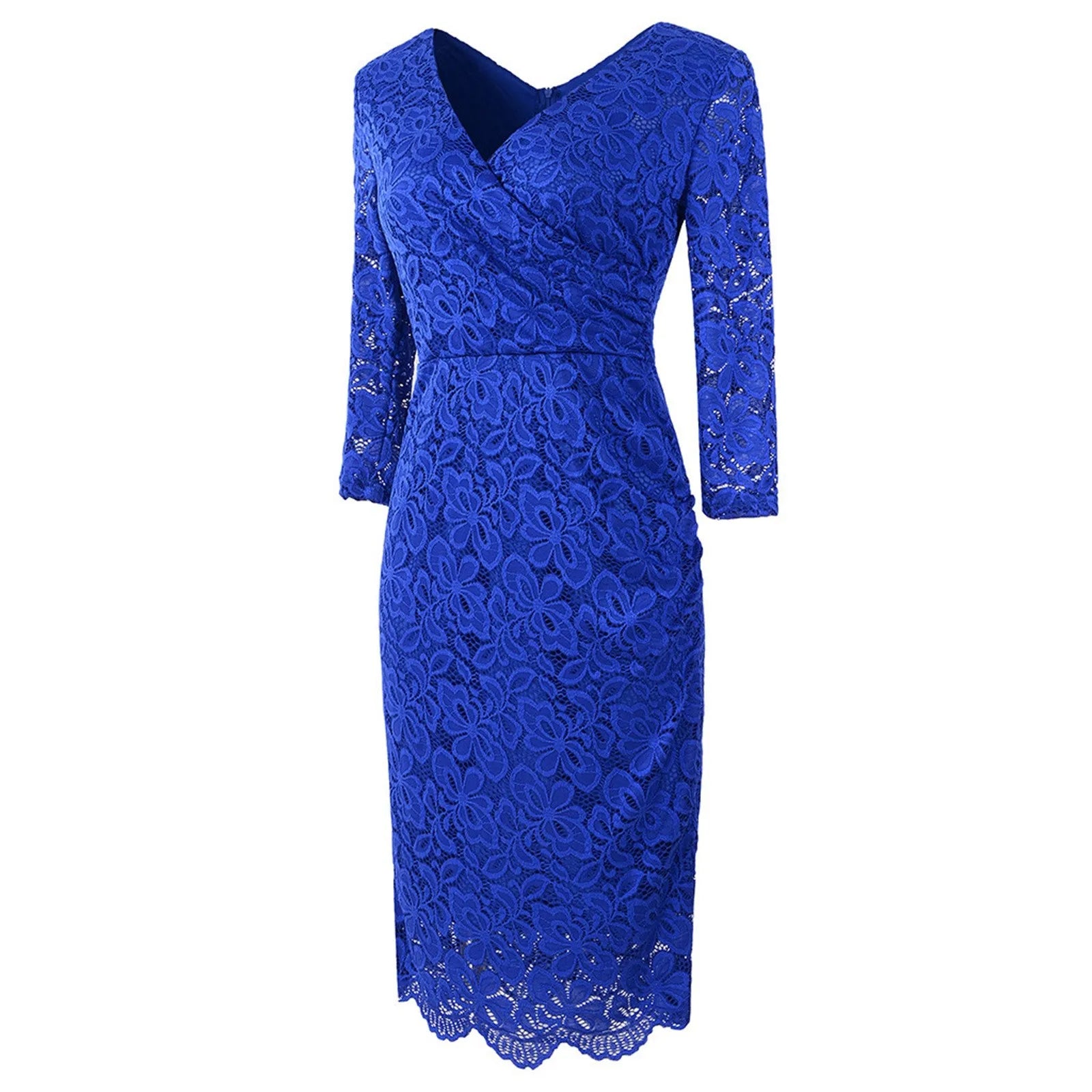 Deep V-Neck Floral Lace Three-Quarter Sleeve Ruched Waist Scalloped Hem Midi Dress