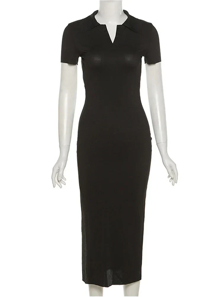 Ribbed Knit Polo Collar V-Neck Short Sleeve Open Back Maxi Dress