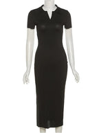 Ribbed Knit Polo Collar V-Neck Short Sleeve Open Back Maxi Dress