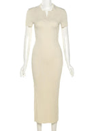 Polo Collar Deep V-Neck Ribbed Knit Open Back Bodycon Midi Dress
