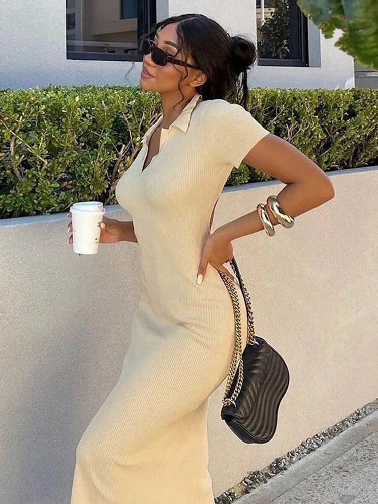 Rib Knit Polo Collar V Neck Short Sleeve Bodycon Midi Dress