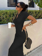 Rib Knit Polo Collar V Neck Short Sleeve Bodycon Midi Dress