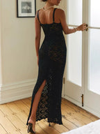 Floral Lace Square Neck Spaghetti Strap Scalloped Hem Bodycon Maxi Gown