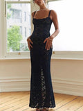 Floral Lace Square Neck Spaghetti Strap Scalloped Hem Bodycon Maxi Gown