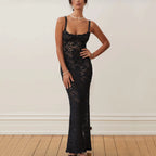 Floral Lace Square Neck Spaghetti Strap Scalloped Hem Bodycon Maxi Gown