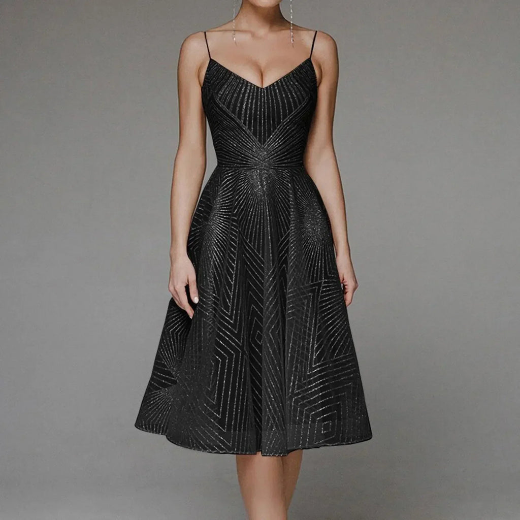 Sweetheart Spaghetti Strap Geometric Sequin Embellished Fit and Flare Midi Dress