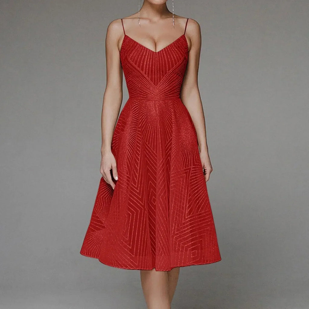 Sweetheart Spaghetti Strap Geometric Sequin Embellished Fit and Flare Midi Dress