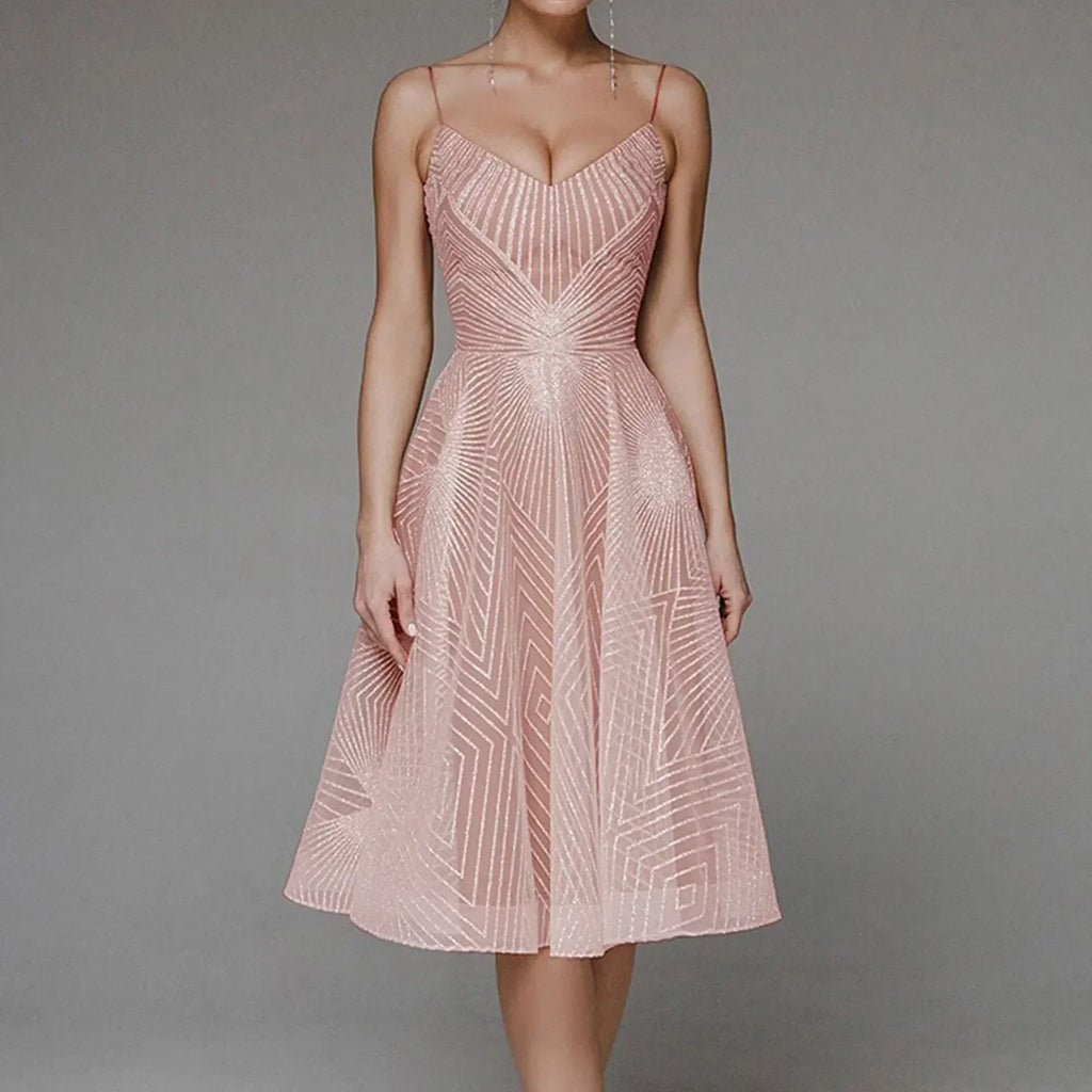 Sweetheart Spaghetti Strap Geometric Sequin Embellished Fit and Flare Midi Dress