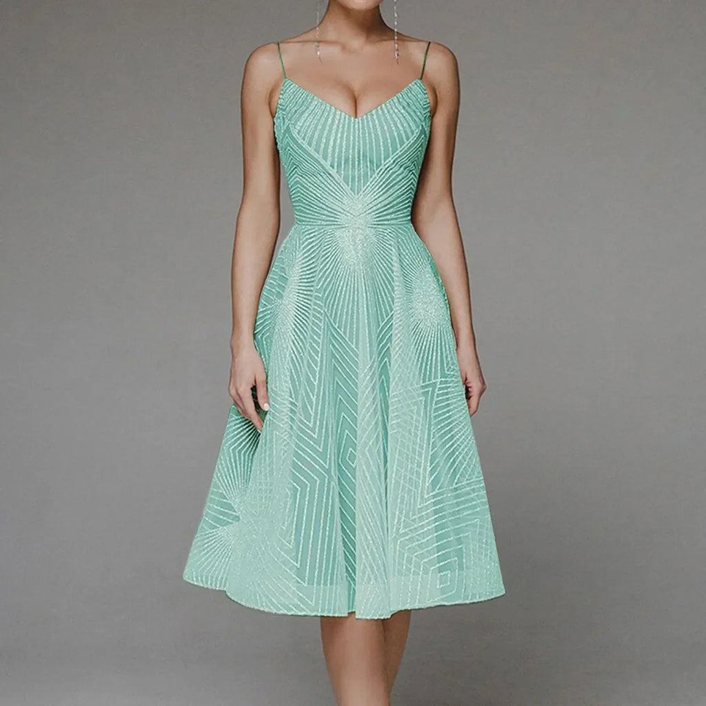 Sweetheart Spaghetti Strap Geometric Sequin Fit and Flare Midi Dress