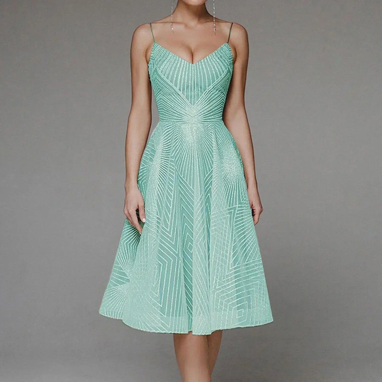 Sweetheart Spaghetti Strap Geometric Sequin Fit and Flare Midi Dress