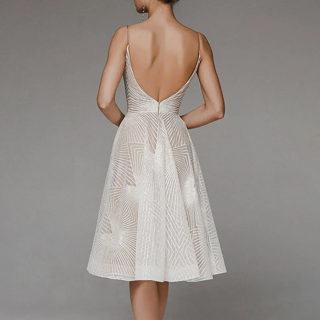 Sweetheart Spaghetti Strap Geometric Sequin Embellished Fit and Flare Midi Dress