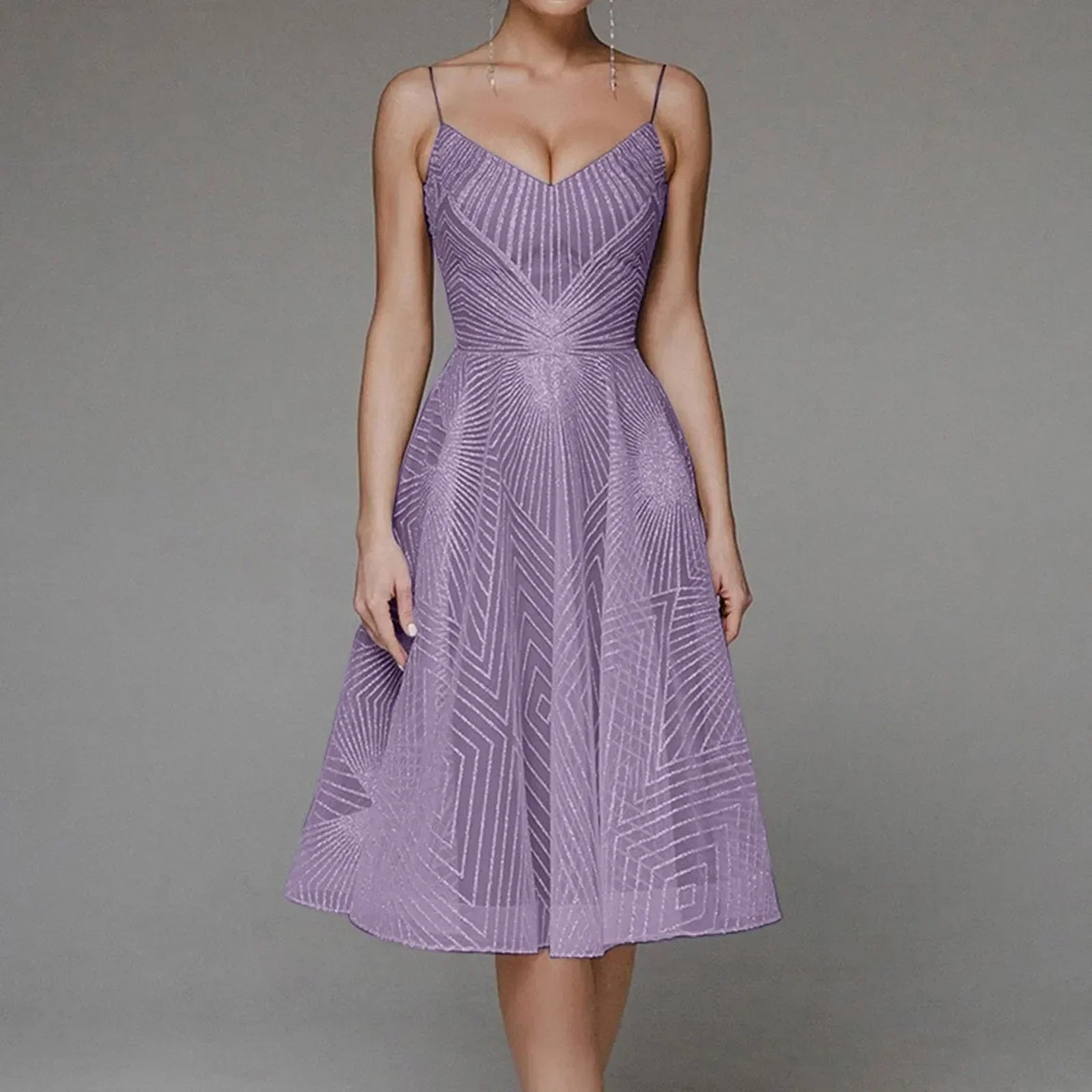 Sweetheart Spaghetti Strap Geometric Sequin Embellished Fit and Flare Midi Dress