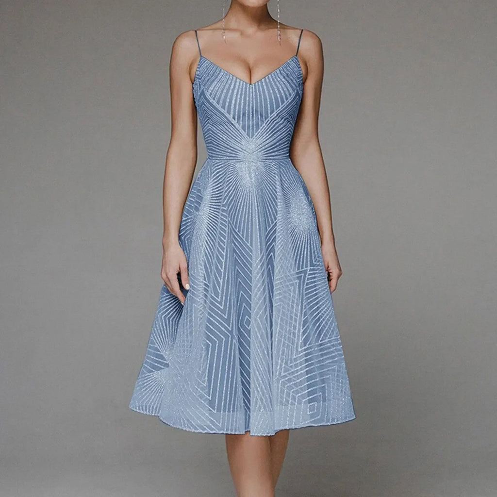 Sweetheart Spaghetti Strap Geometric Sequin Embellished Fit and Flare Midi Dress