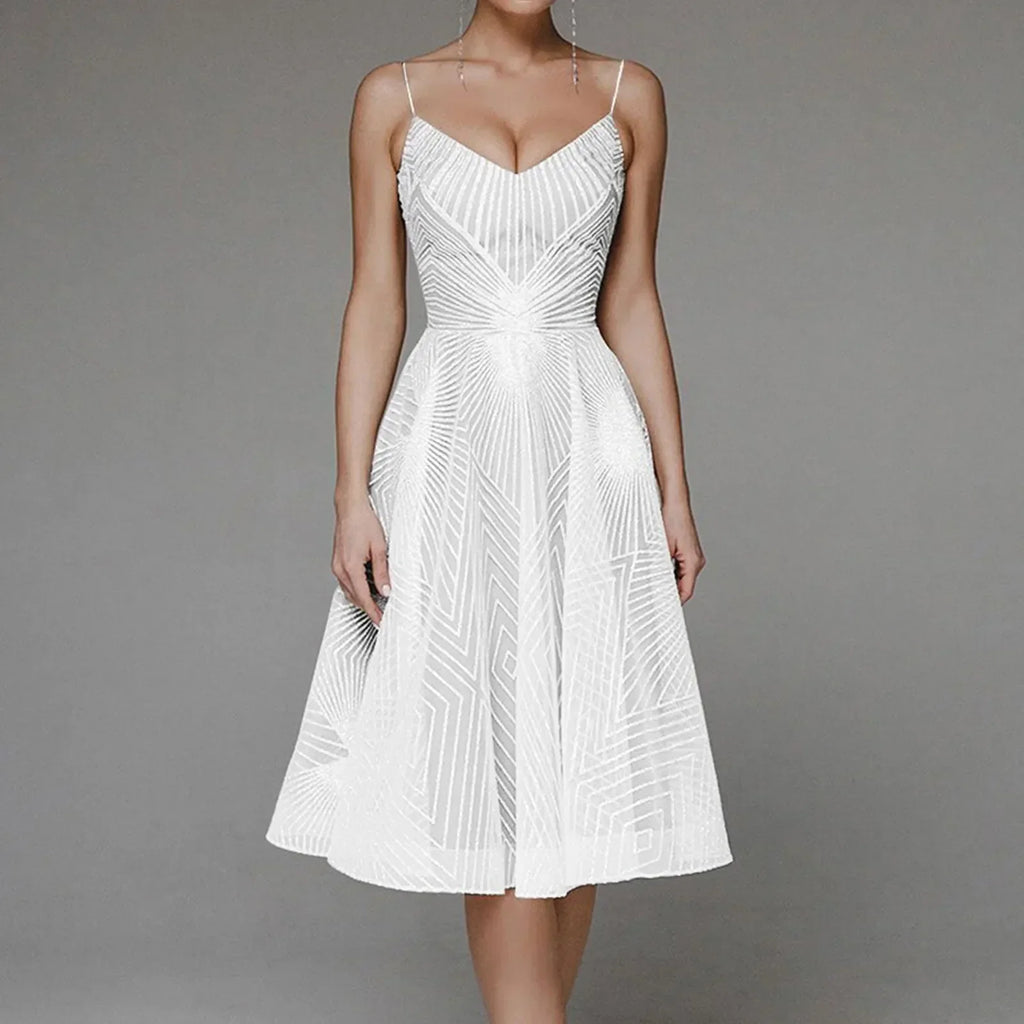 Sweetheart Spaghetti Strap Geometric Sequin Embellished Fit and Flare Midi Dress