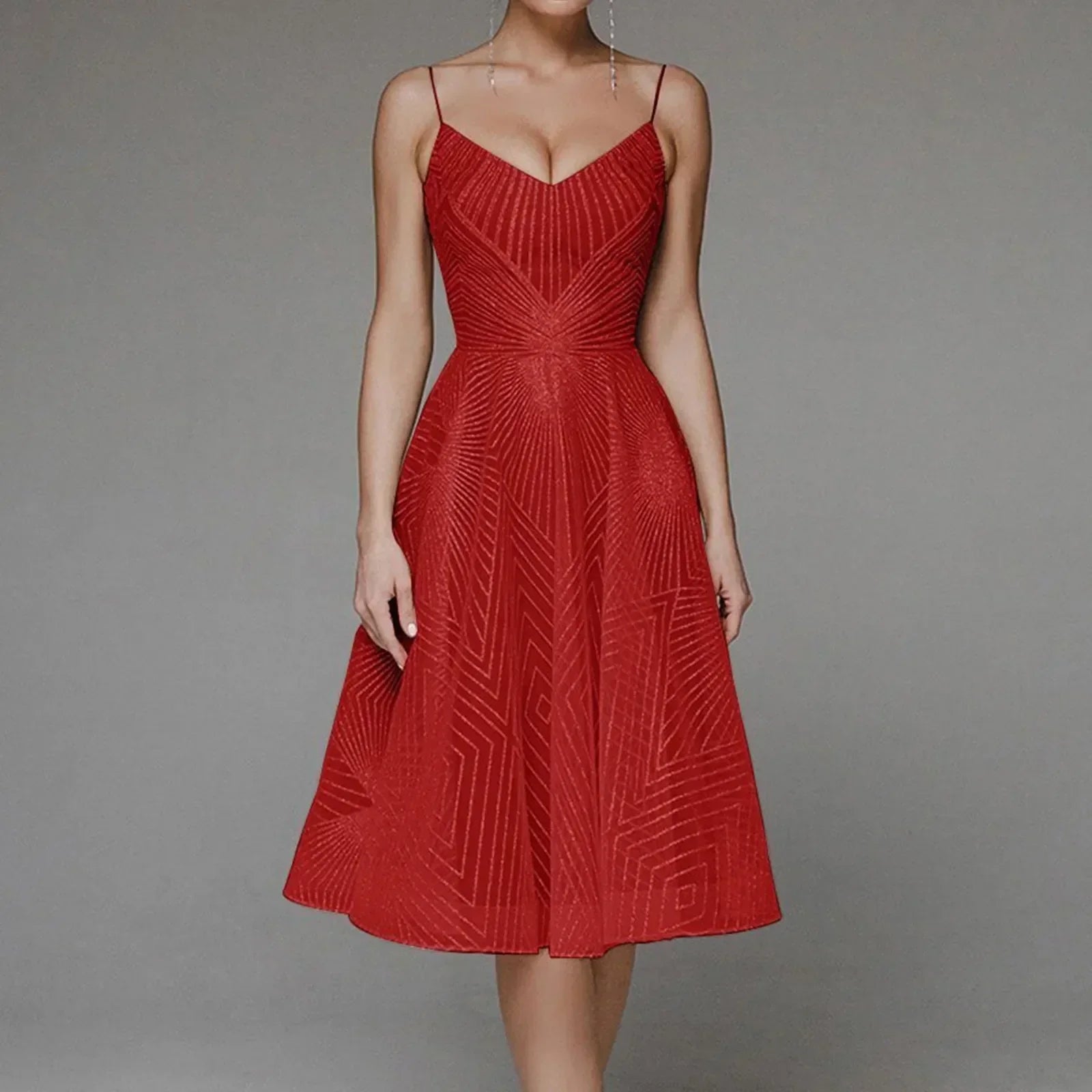 Sweetheart Spaghetti Strap Geometric Sequin Fit and Flare Midi Dress