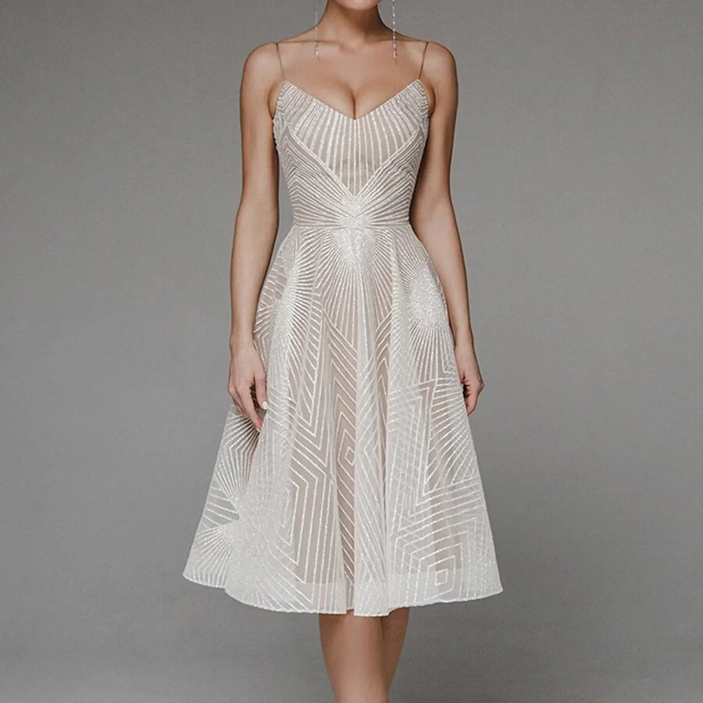 Sweetheart Spaghetti Strap Geometric Sequin Embellished Fit and Flare Midi Dress