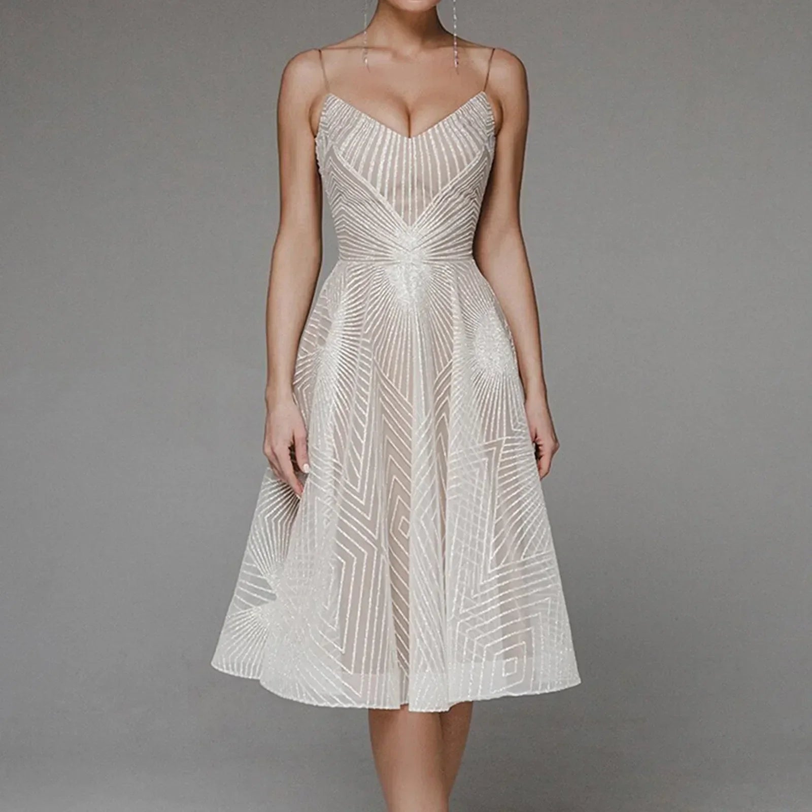 Sweetheart Spaghetti Strap Geometric Sequin Embellished Fit and Flare Midi Dress