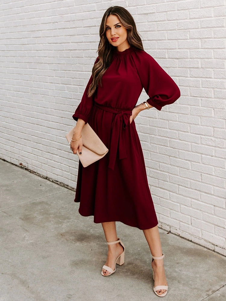 Gathered Mock Neck Lantern Sleeve Tie Waist A-Line Midi Dress
