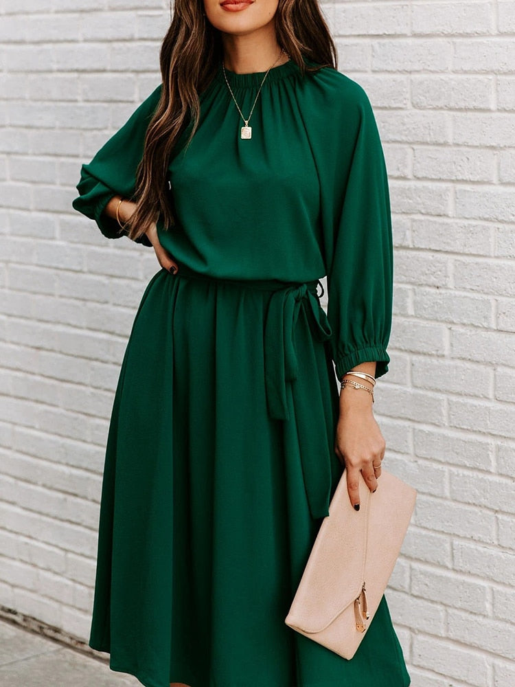 Gathered Mock Neck Lantern Sleeve Tie Waist A-Line Midi Dress