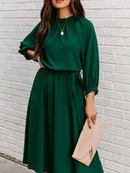 Gathered Mock Neck Lantern Sleeve Tie Waist A-Line Midi Dress