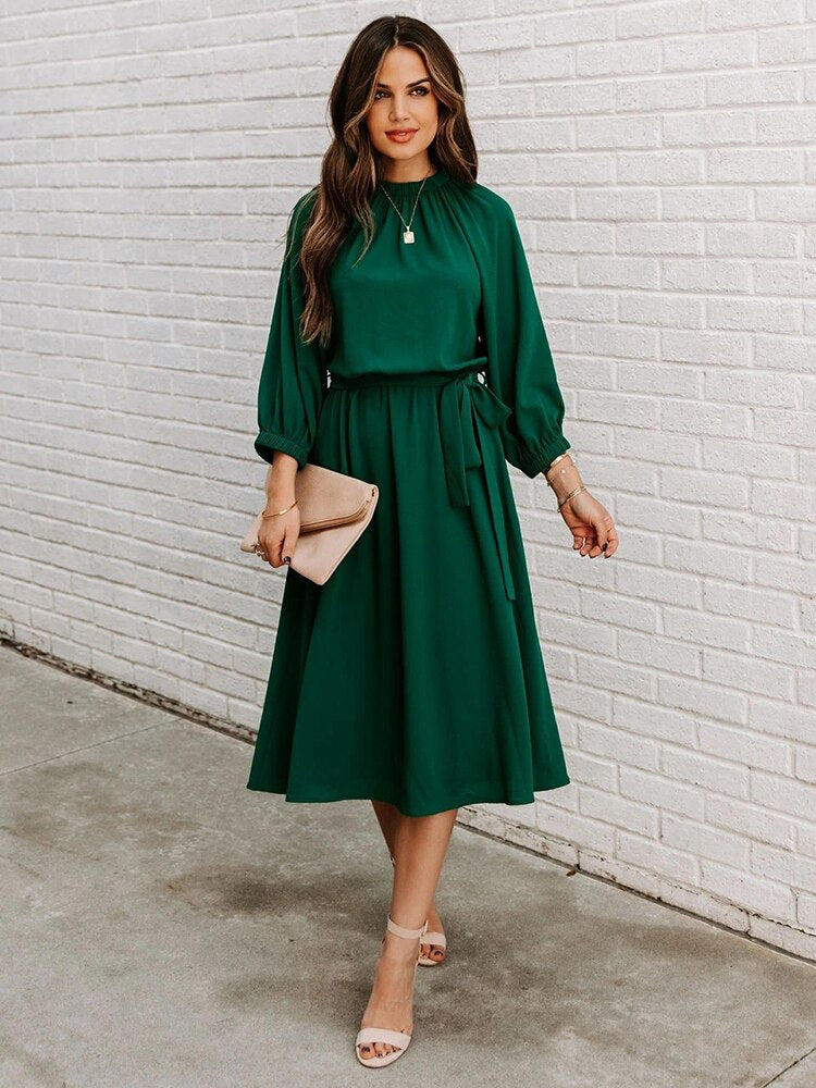 Gathered Mock Neck Lantern Sleeve Tie Waist A-Line Midi Dress